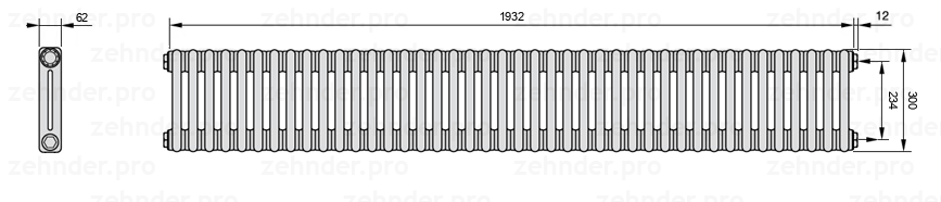 Схема (чертеж) Радиатор Zehnder Charleston 2030/42 №7610 Белый глянцевый RAL 9016